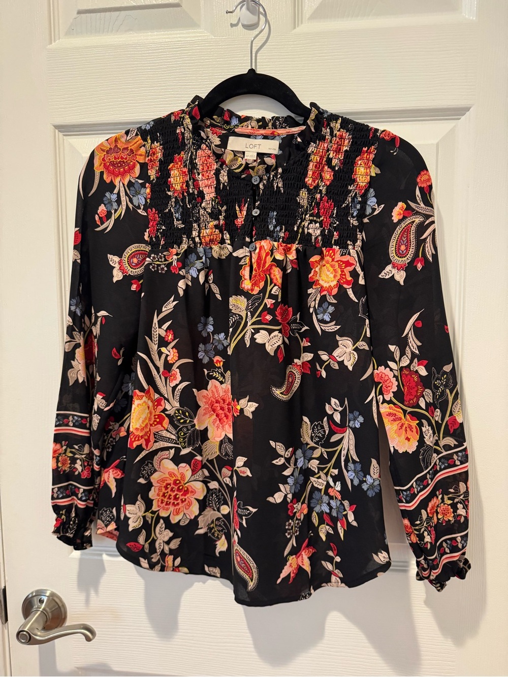LOFT Black Floral Smocked Yoke Long-Sleeve Blouse